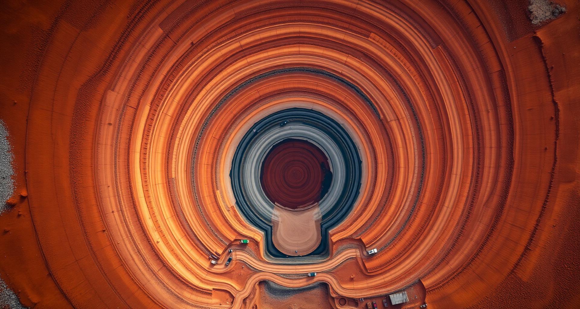 Aerial view of a Pilbara iron ore mine, terraced red earth.